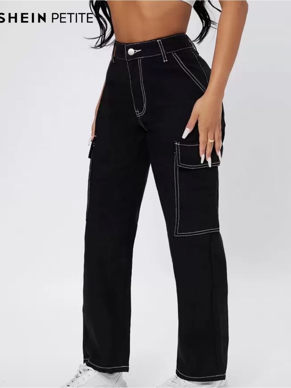 SHEIN | Petite Black Cargo Pants with Contrast Stitching